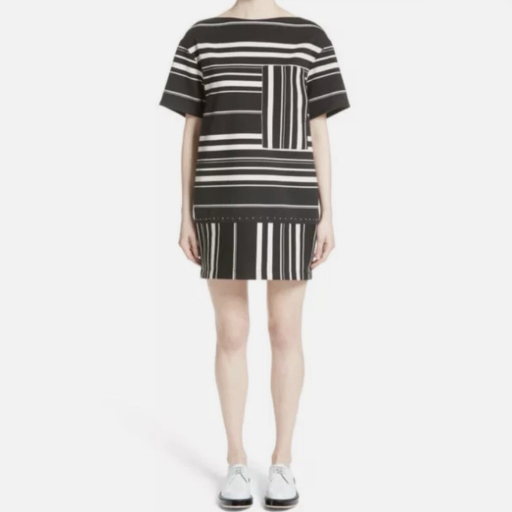 3.1 Phillip Lim Black and Cream Striped Ponte Knit Studded Mini Shift Dress S